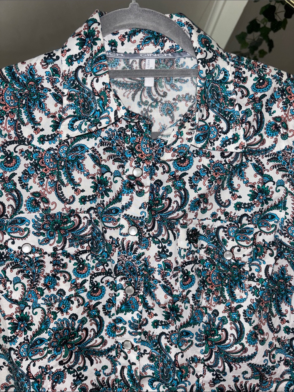 Cinch White Teal Paisley Button-Down western Shirt - Picture 2 of 2
